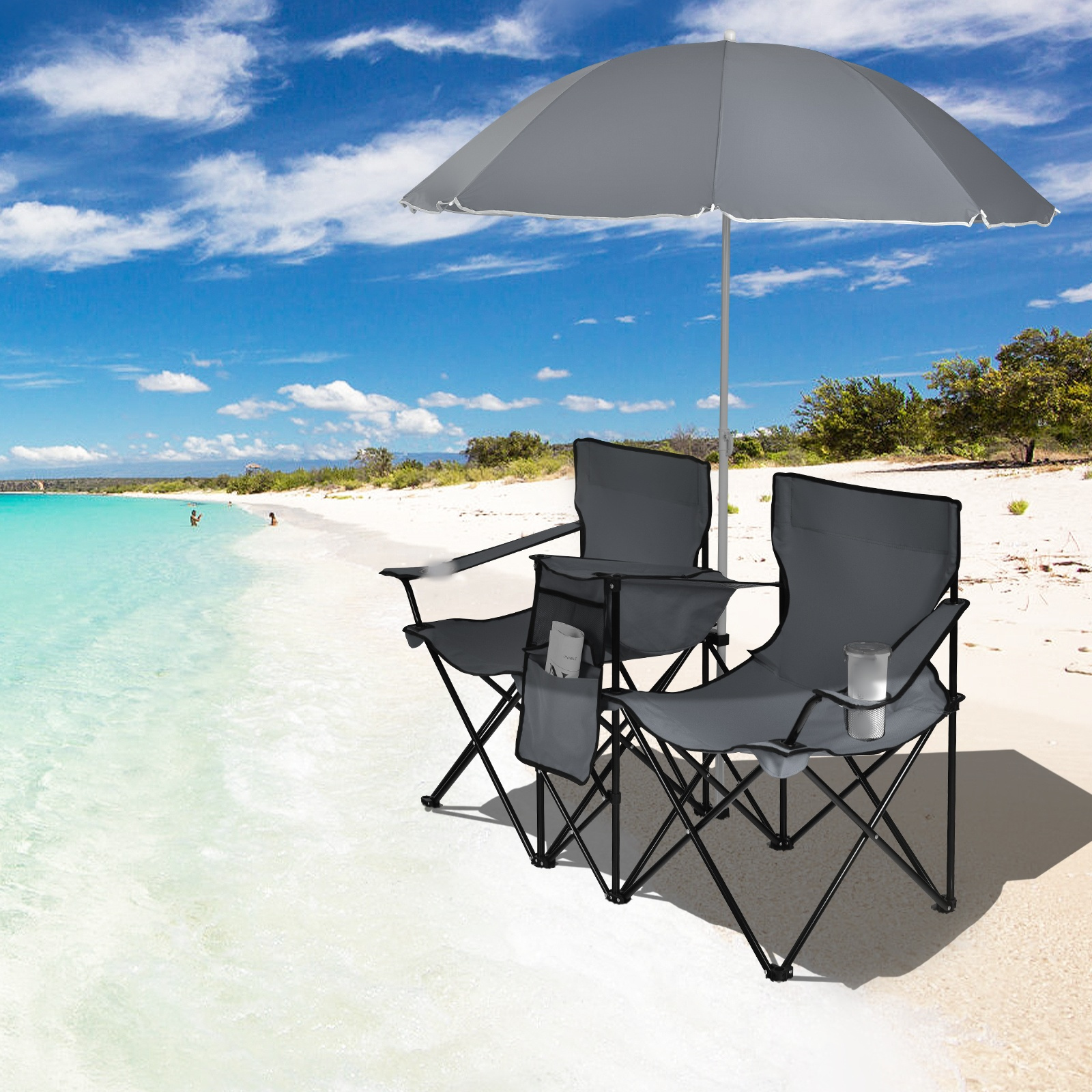Lot De 2 Chaises Camping Pliables BigDean – Noires, Porte-Gobelet, Sac De Transport, 120 Kg, Hauteur 78 Cm