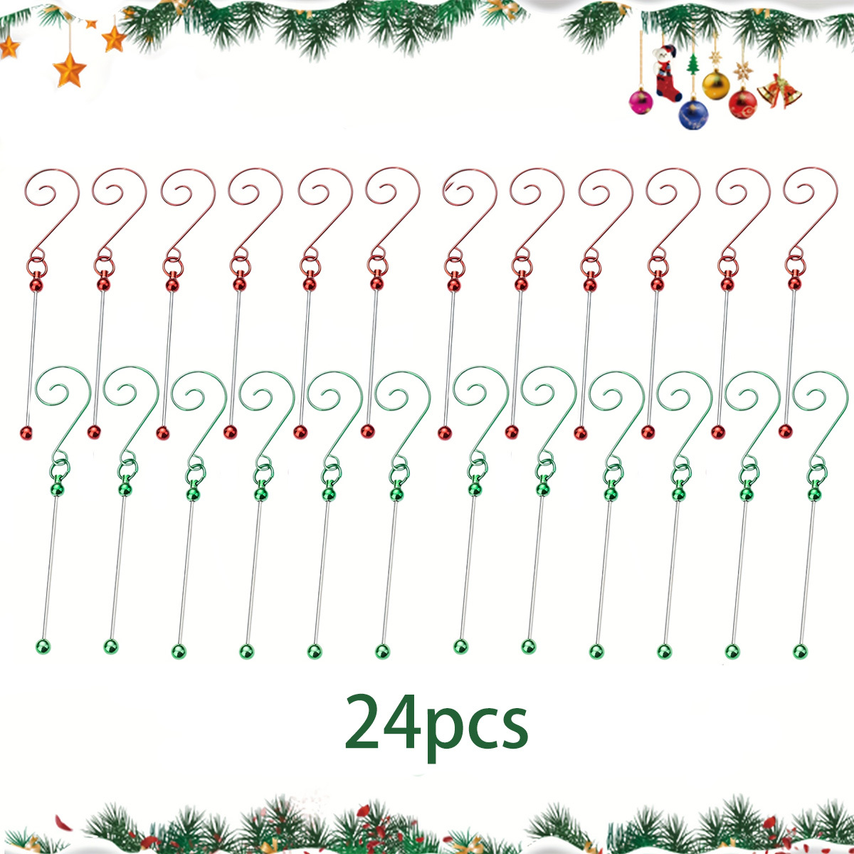 TEMU 24pcs Beadable Metal Hooks With Beads - Mini Hanging Hangers For Christmas Tree, Holiday Ornaments, Party Decorations - Durable Beadable Design