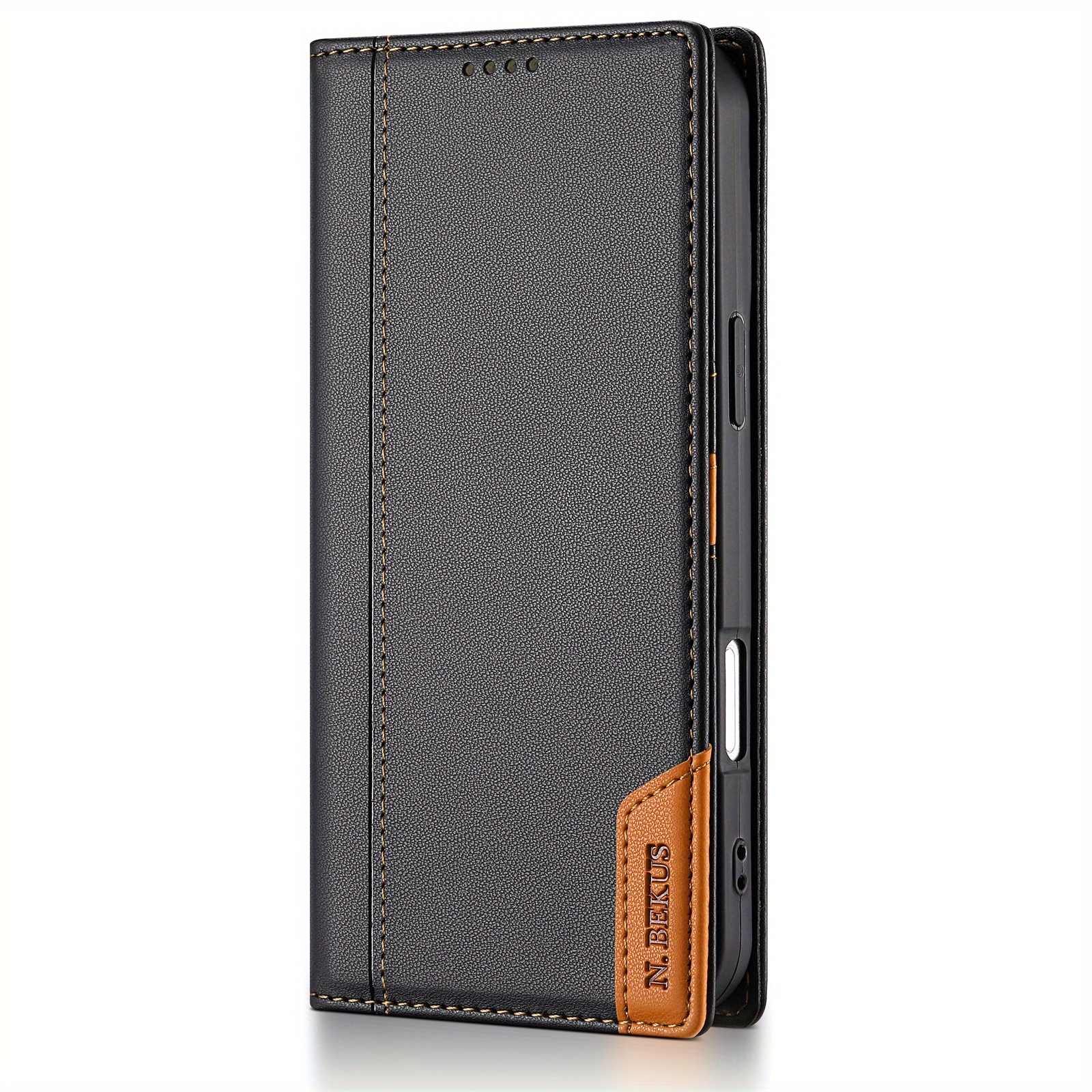 TEMU Phone Case: Black Synthetic Leather Magnetic With Dual-edge Stitching, Strong Magnetic Snap Closure, Features 3 Card Slots With Anti-skimming