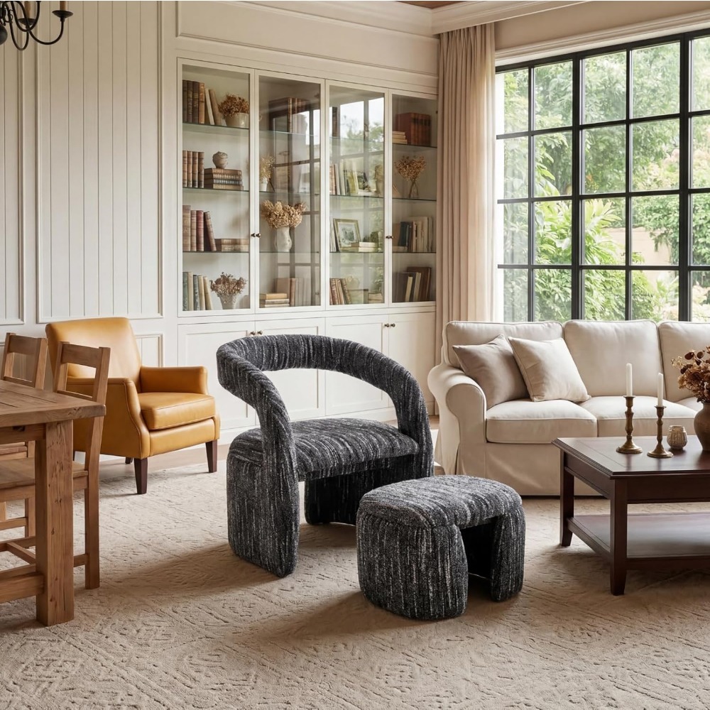 1pc Modern Accent Living Room Chair Set with One Ottoman, Upholstered Barrel Sherpa Lounge Side Chair, Comfy Side Reading Reclining Chair for Living Room, Bedroom, Apartment, Reading Room, Office