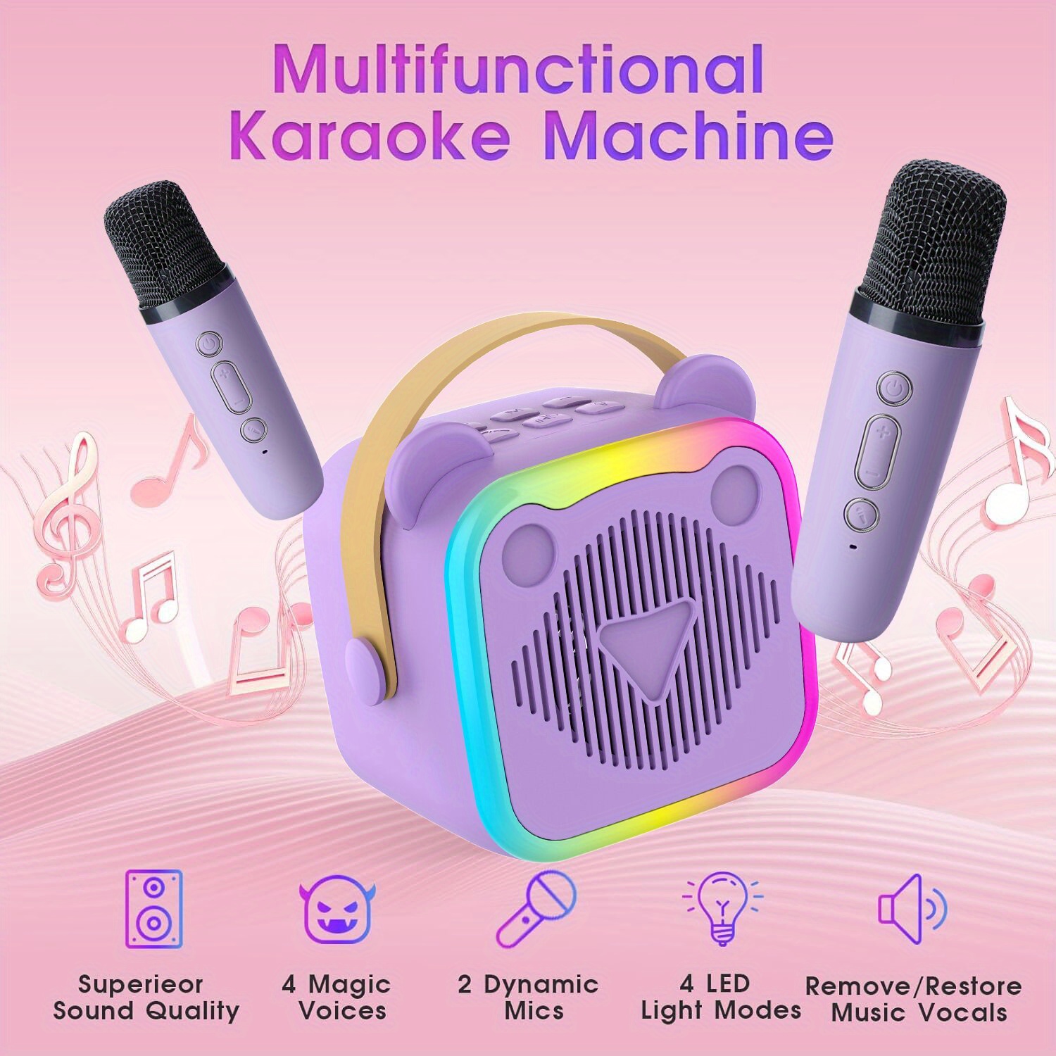 2025 Mini Karaoke Machine, Portable   with 2 Wireless Microphones, Colorful LED Disco Lights, Karaoke speaker, USB Charging, Karaoke Equipment, Karaoke Machine, Wireless Microphone, Ideal gifts for Home Parties, Birthdays, Christmas gift
