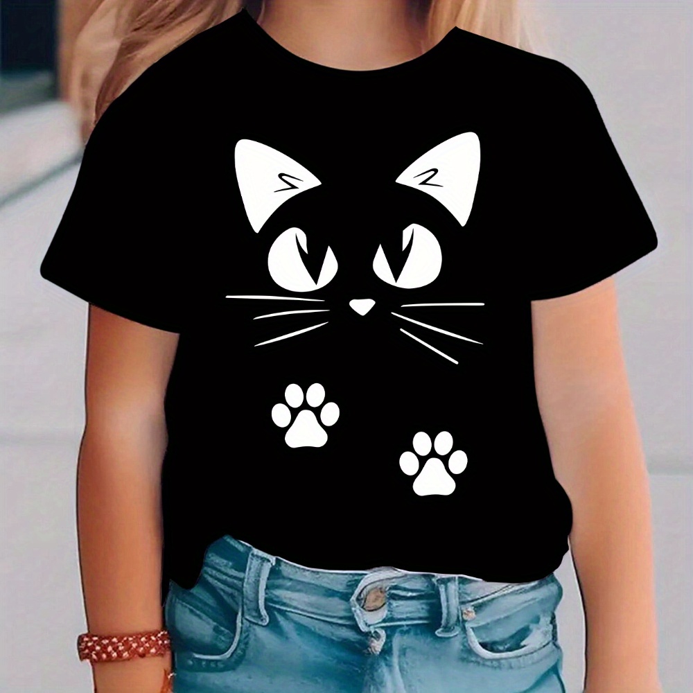Camiseta de Manga Curta Feminina Infantil de Moda de Verão com Estampa de Gatinho, Blusa Casual e Versátil NY-DX5556