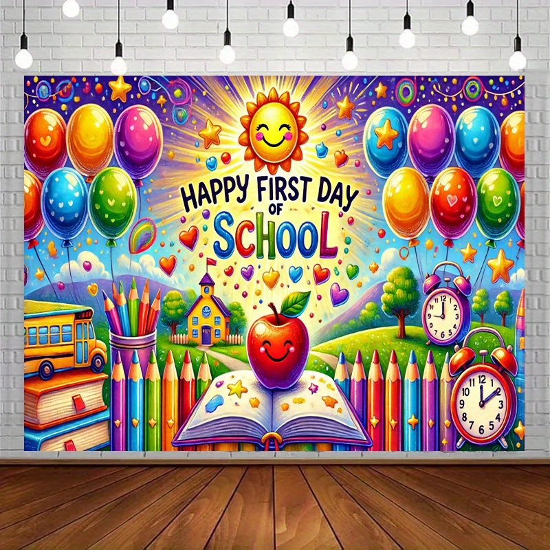 TEMU 1pc First Day Of School Backdrop - Happy First Day Of School Decoration With Colorful Balloons, Books, Pencils, School Bus - Large Classroom