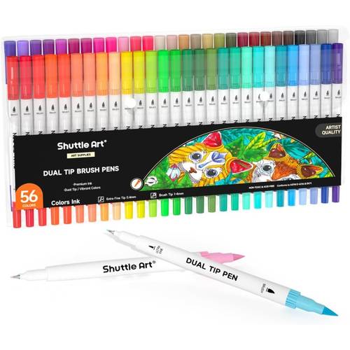 56 colors dual tip brush pens set with 0 4mm fineliner markers water based non toxic art supplies vibrant brush tip for calligraphy lettering journaling doodling adult artists hobbyists ideal for wood scrapbooking