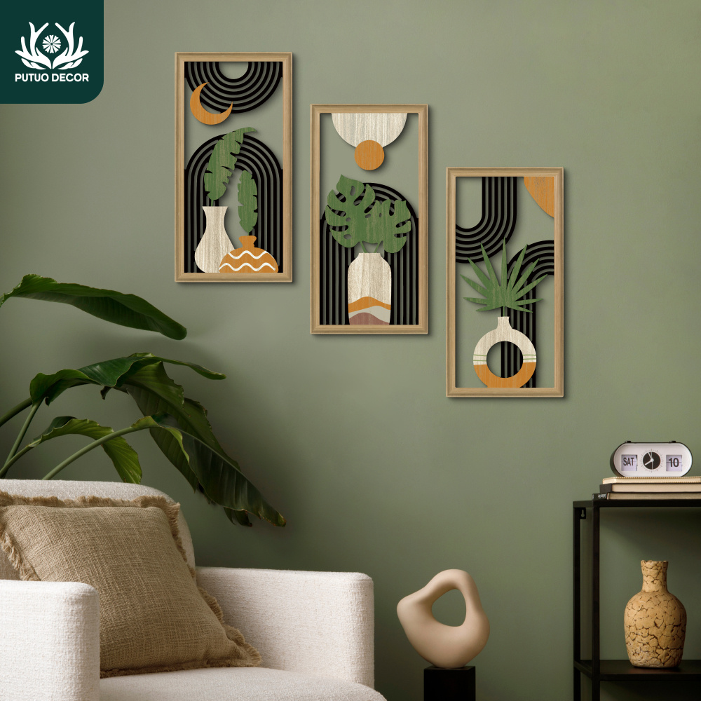 

Putuo 3pcs Bohemian Wooden Wall Art Decor Set - Hollow Craft Paintings With Vases, Plants & Banana Leaves, Decorations, No Feather, Battery-free