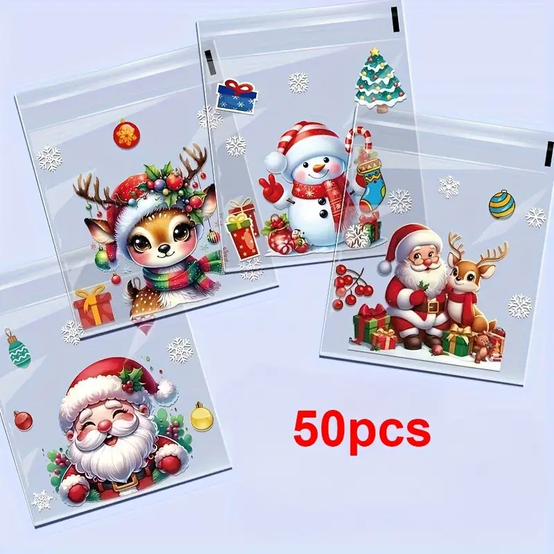 TEMU 50 Christmas Transparent Gift Bags With Santa Claus, Reindeer, Snowman, And Snowflake Patterns Self-adhesive Bags Exquisite Patterns- Christmas
