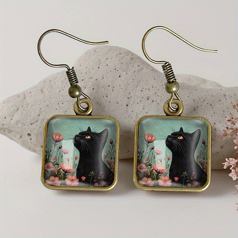 TEMU 1 Pair Black Earring Retro Glass Dangle Earrings Handmade Jewelry Gift