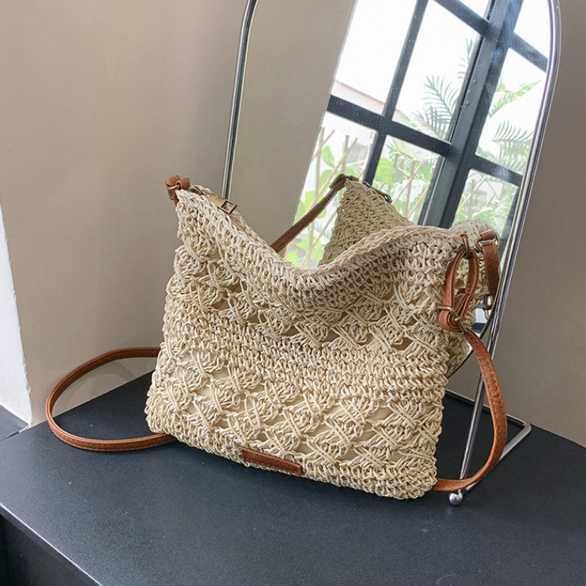 TEMU 1 pz borsa intrecciata traforata, borsa a tracolla monospalla per vacanze estive in spiaggia, borsa di paglia facile da intrecciare a