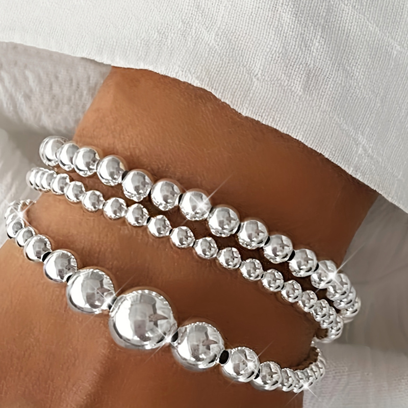 TEMU Women's S925 Sterling Silver Beaded Bracelet 3pcs Set - Features A Easy Round Handmade Beaded Design, Suitable For Daily Wear And As A