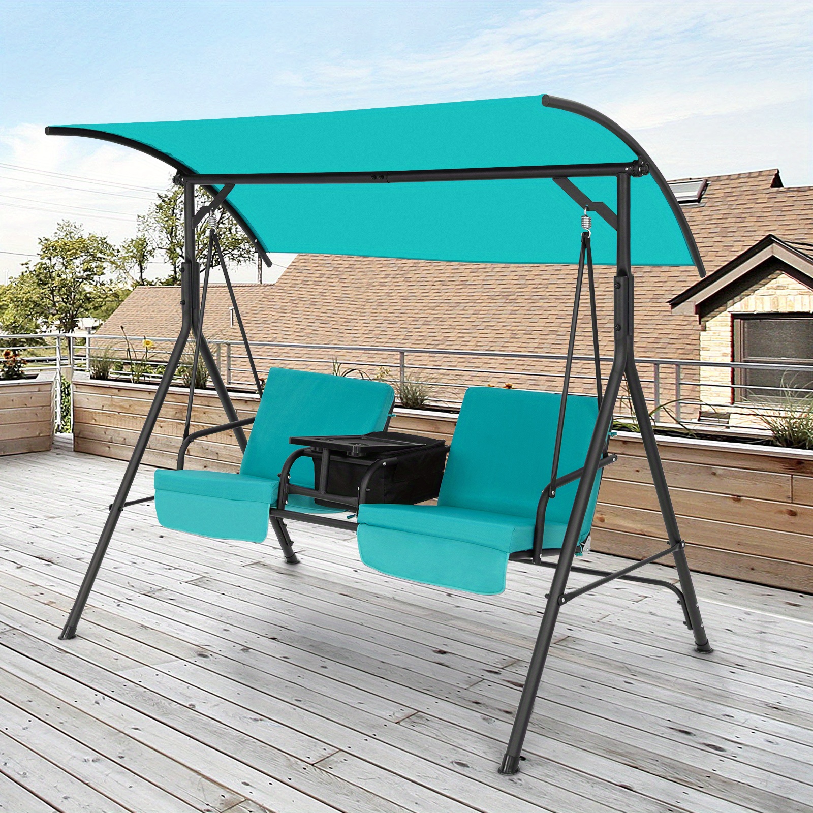 LIFEZEAL Porch Swing Chair with Adjustable Canopy, 2-Person Swing Chair with Cooler Bag, Rotatable Tray and Removable Cushions, Outdoor Canopy Swing Loveseat for Backyard Balcony Poolside.
