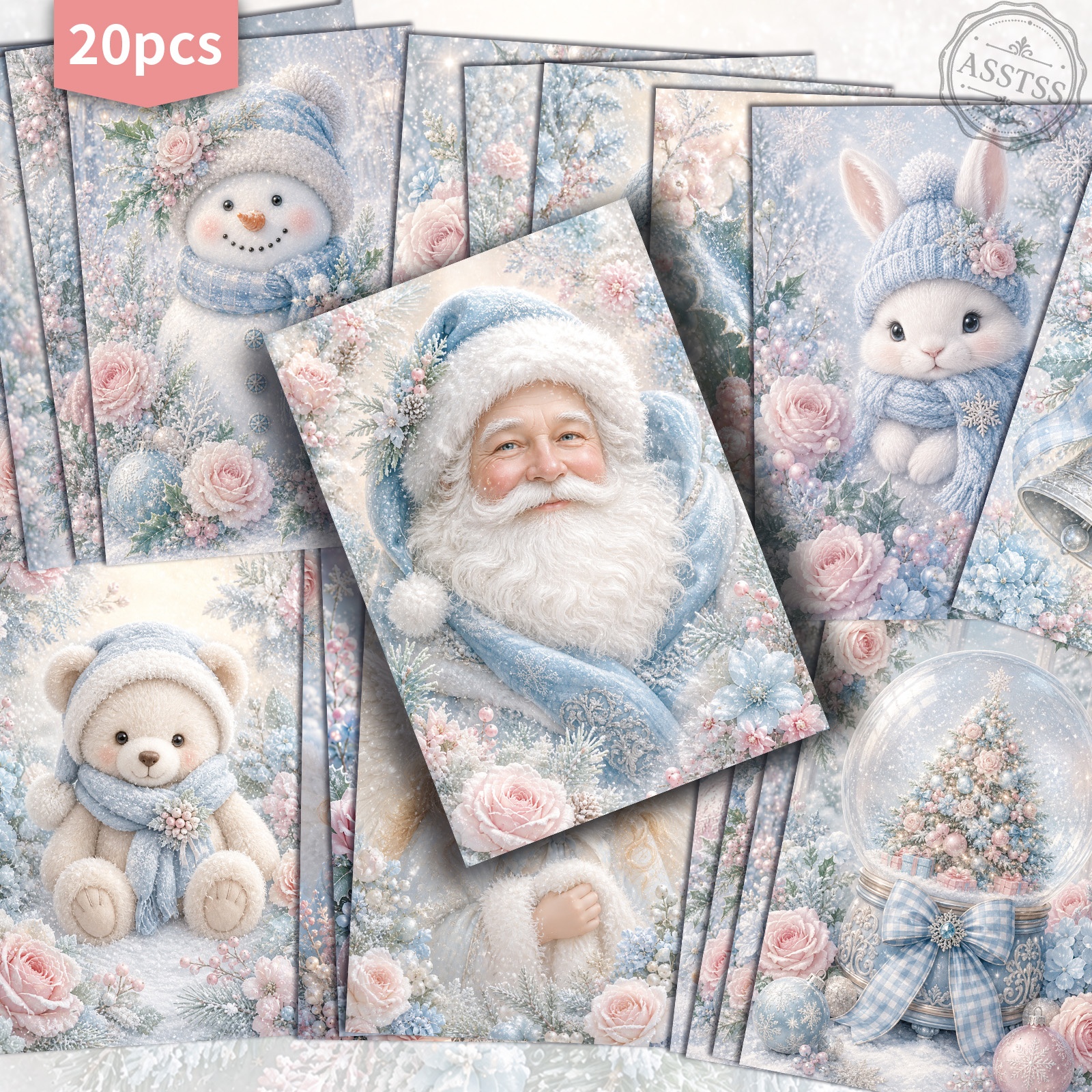 TEMU 20-pack Asstss Vintage Blue Christmas Postcards - 4x6 Inches Retro Junk Journal Supplies, Classic Pinup Illustrations Collectible Decorative