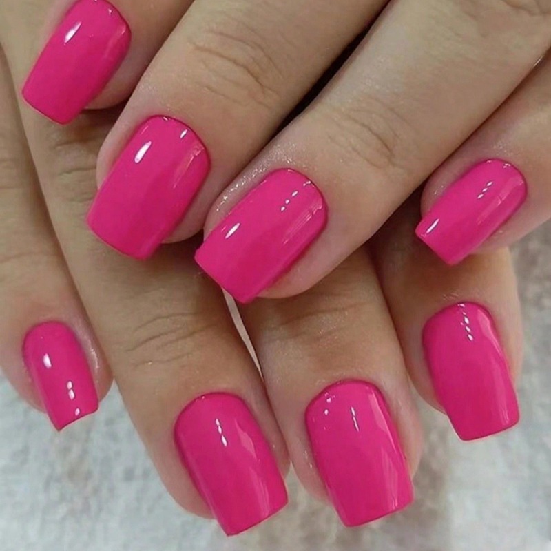 47pcs Short Square Press-on Nails, Vibrant Hot Pink Solid Color, Glossy End, Full Cover Fake Nails, Removable Artificial Nails, Easy Application For Beginners, Daily Wear Beauty Accessory