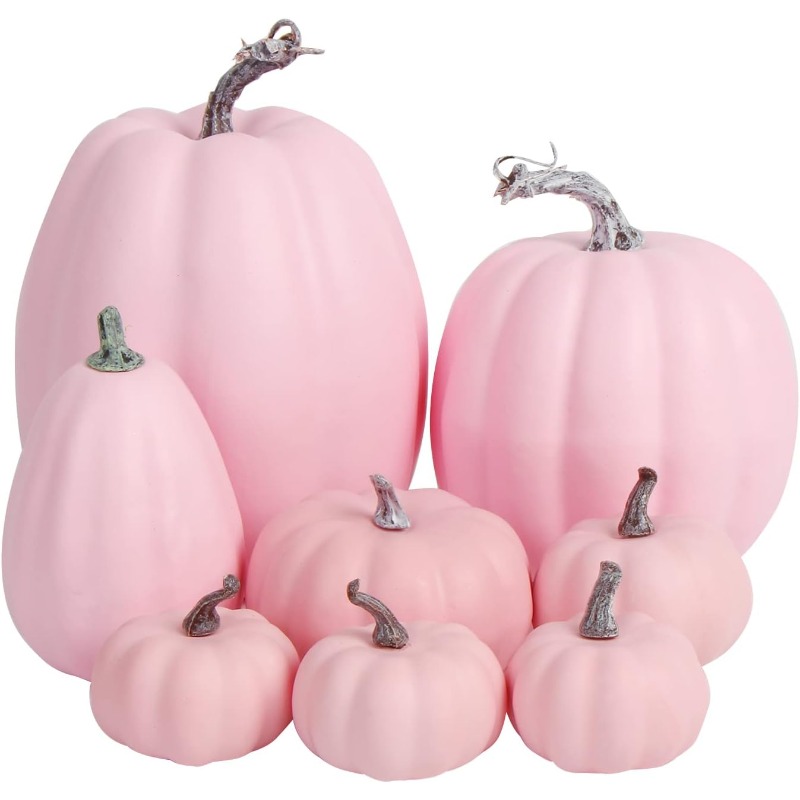 TEMU 8pcs Pink Artificial Pumpkins - Lifelike Foam Pumpkins With Real Stems & Capsules, Assorted Sizes (large To Small) For Halloween, Thanksgiving,
