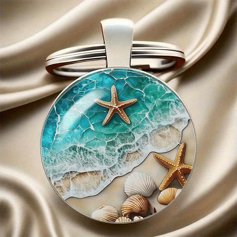 TEMU 2d Flat - 1 Stylish Beach-themed Alloy Keychain With Convex Round Glass, Perfect For Birthdays, Anniversaries, Valentine's Day, Christmas And