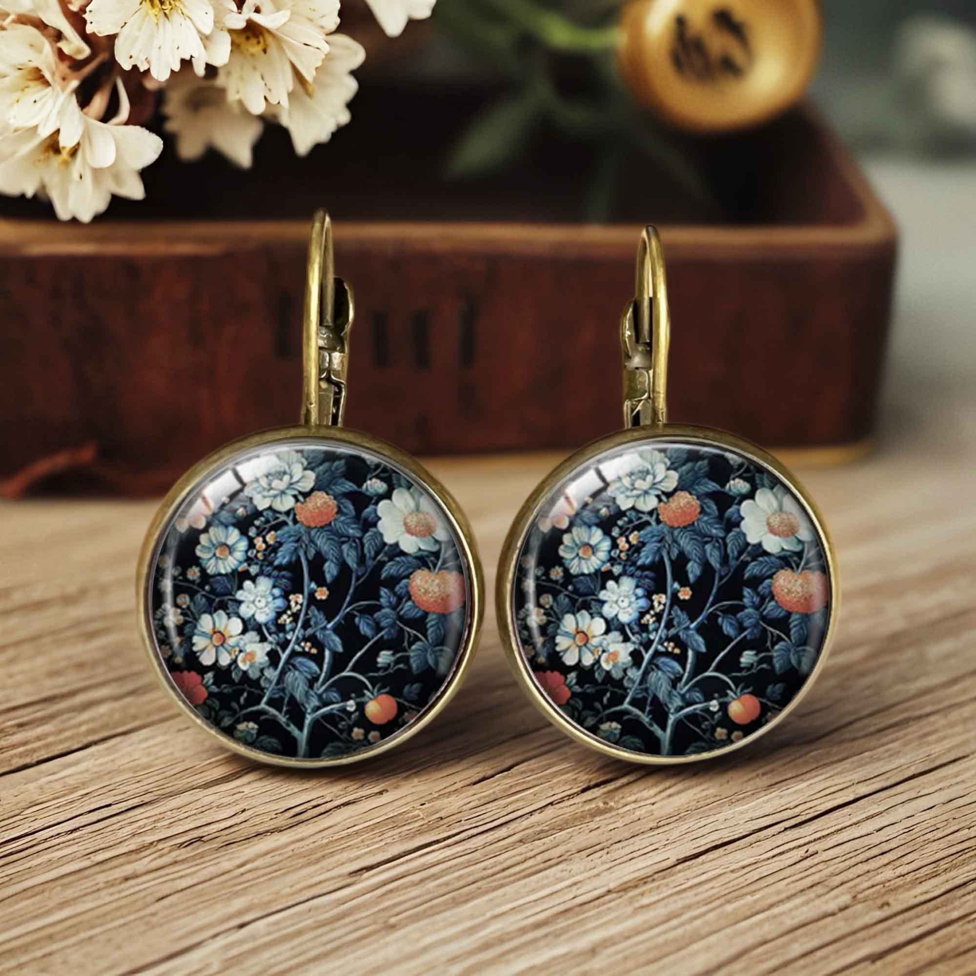 TEMU A Pair Of Elegant Floral Hoop Earrings With Blue And White Botanical Pattern Jewelry, Gift For Everyday And Special Occasions