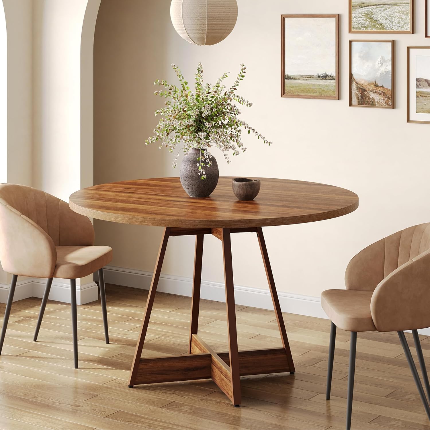 39 Inches Round Dining -4, Farmhouse Circle Kitchen Table For Dining Room, Wooden Dinner Table With Heavy Duty Pedestal, Bistro Table For Restaurant, Brown