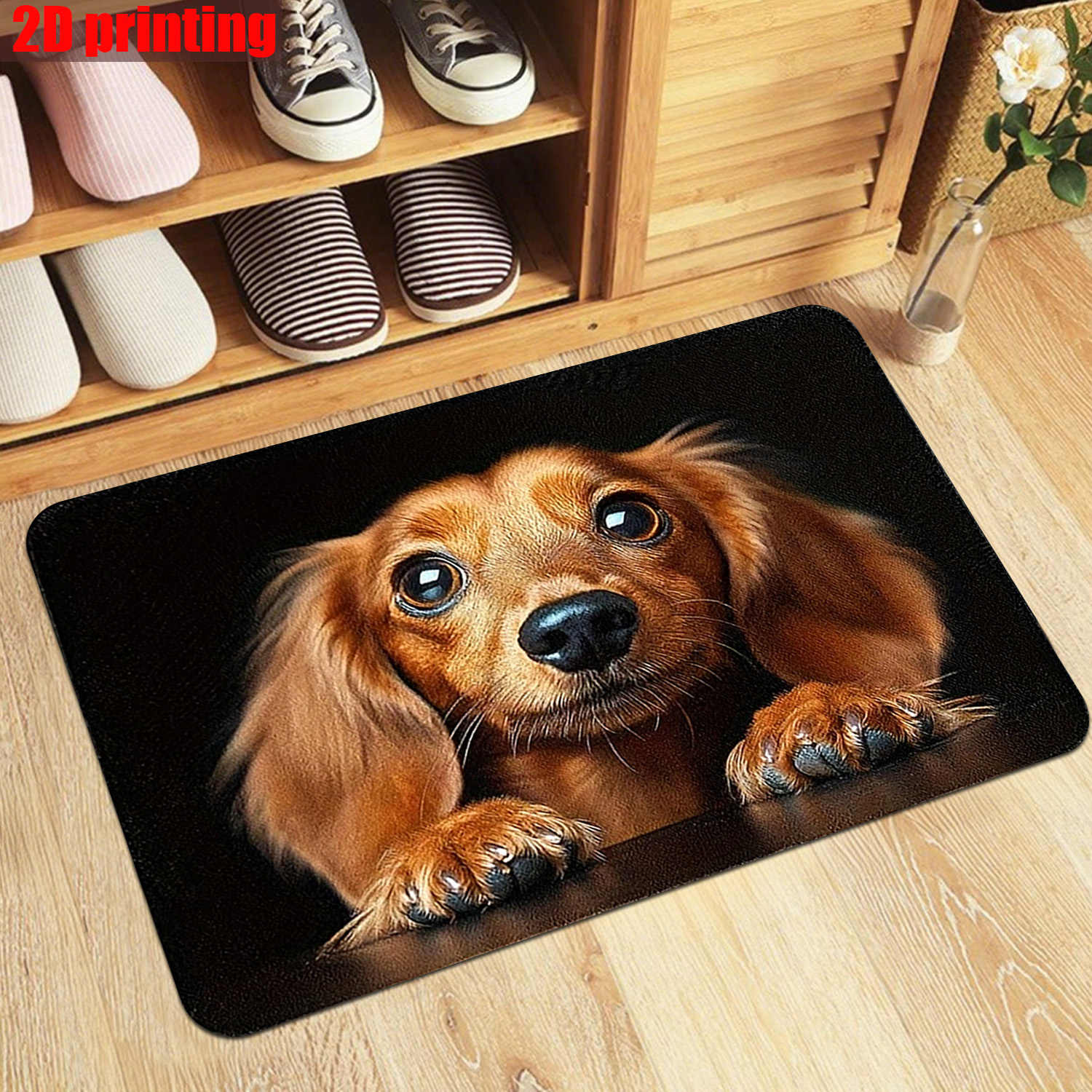TEMU 1pc Of A 2d Flat Brown Dachshund Door Mat, Designed In A Surreal Photography Style. Polyester Flannel Mat Is Non-slip And Ideal For Easter Home
