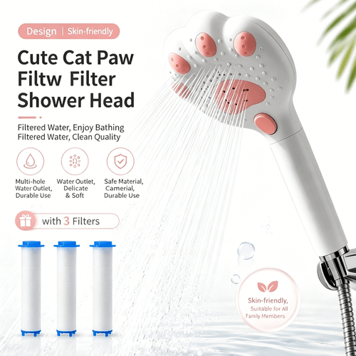 item picture adjustable filter shower head with 3 filter elements cat paw design massage shower head suitable for bathroom wall mounted installation and suspension made of plastic material for shower use