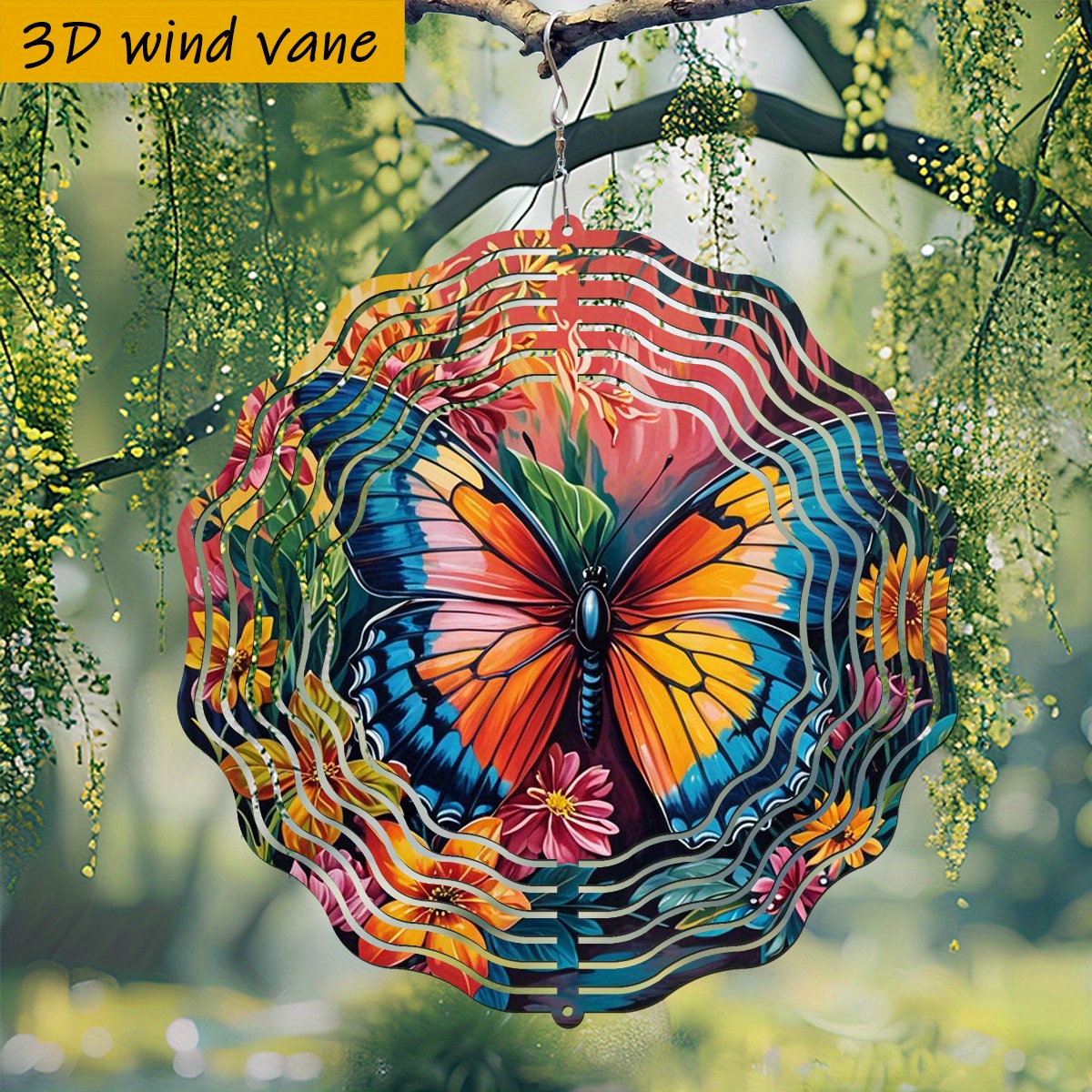 E-shop Ein 3D-Einteiler "Bunte Schmetterling, der sich unter Blumen ausruht." 25,5 cm/10 Zoll * 25,5 cm/10 Zoll mit drehbarem Haken, 360° kreative