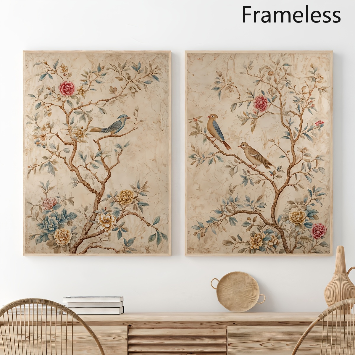 TEMU 2d Flat, 2pcs Japanese Chinoiserie Bird & Flower Wall Panels - Modern Minimalist Vertical Frameless Canvas Posters Suitable For Living Room,