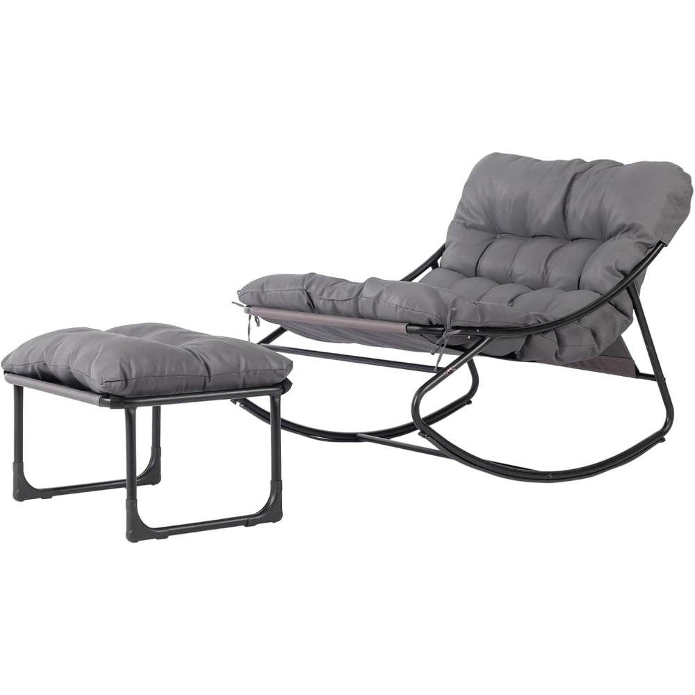 Image of Bonnlo Metal Rocking Chair With Ottoman | Supports Up To 180 Kg, Suitable For Garden, Living Room, Yard, Patio, And Balcony, Gray/white, , Oxford Cloth Cover, Polypropylene Fill