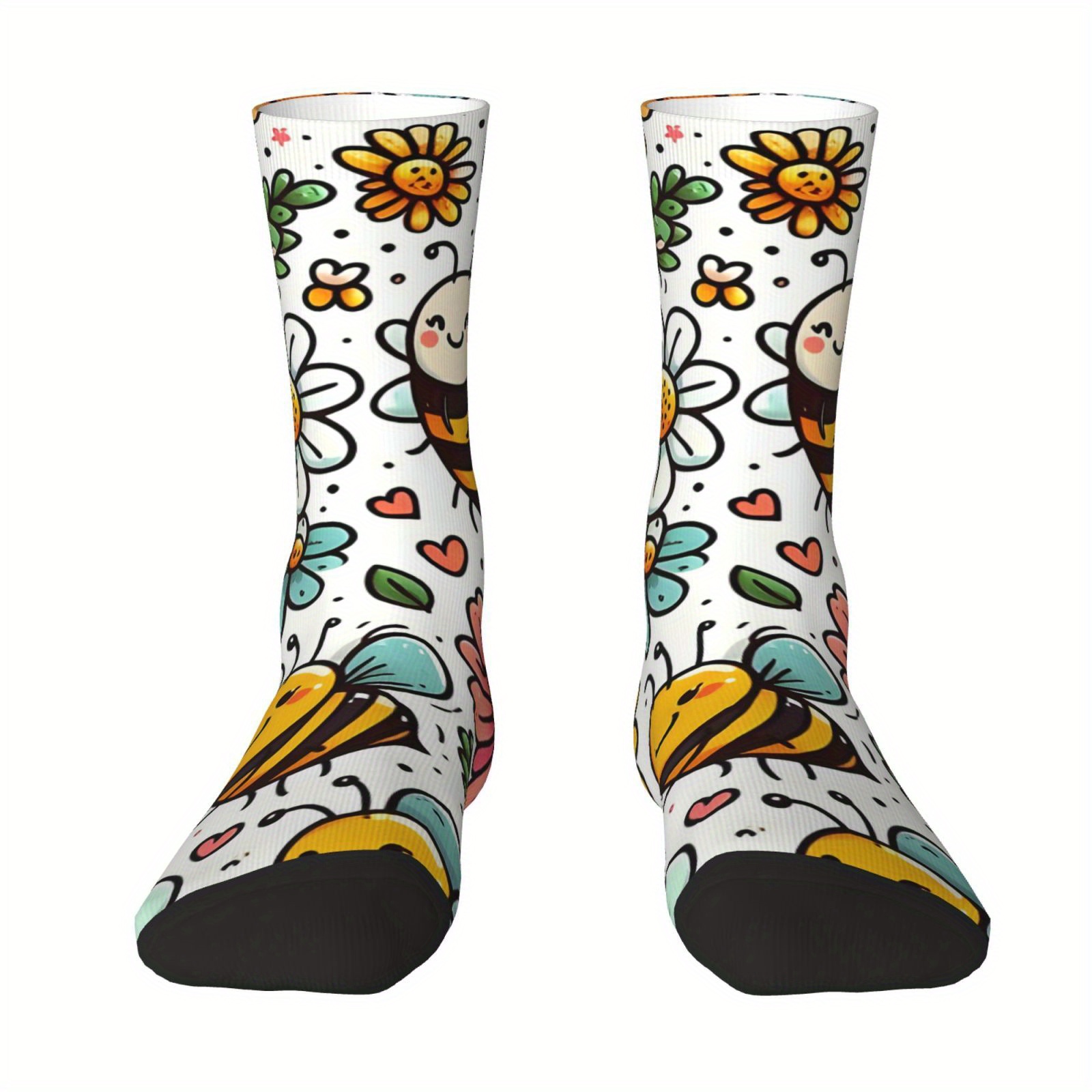 TEMU 1 Paar Creatieve Bijen- en Bloemenpatroon Unisex Sokken met Nieuwe Print