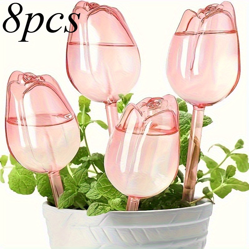 [8 Pink Watering Globes] 8 Pink Tulip Watering Globes | Narrow-mouth Design Extends Drip Time | Suitable For Indoor And Outdoor Potted Plants, Hanging Baskets, Gardening Tools, And Lawn Care