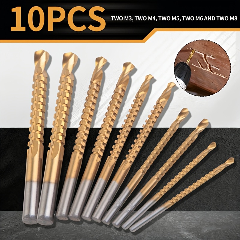 TEMU 10pcs Titanium-coated Steel Serrated Drill Bits(sizes M3-m4-m5-m6-m8), Combining Drilling, Cutting, And Slotting Functions In 1 Tool, Used On