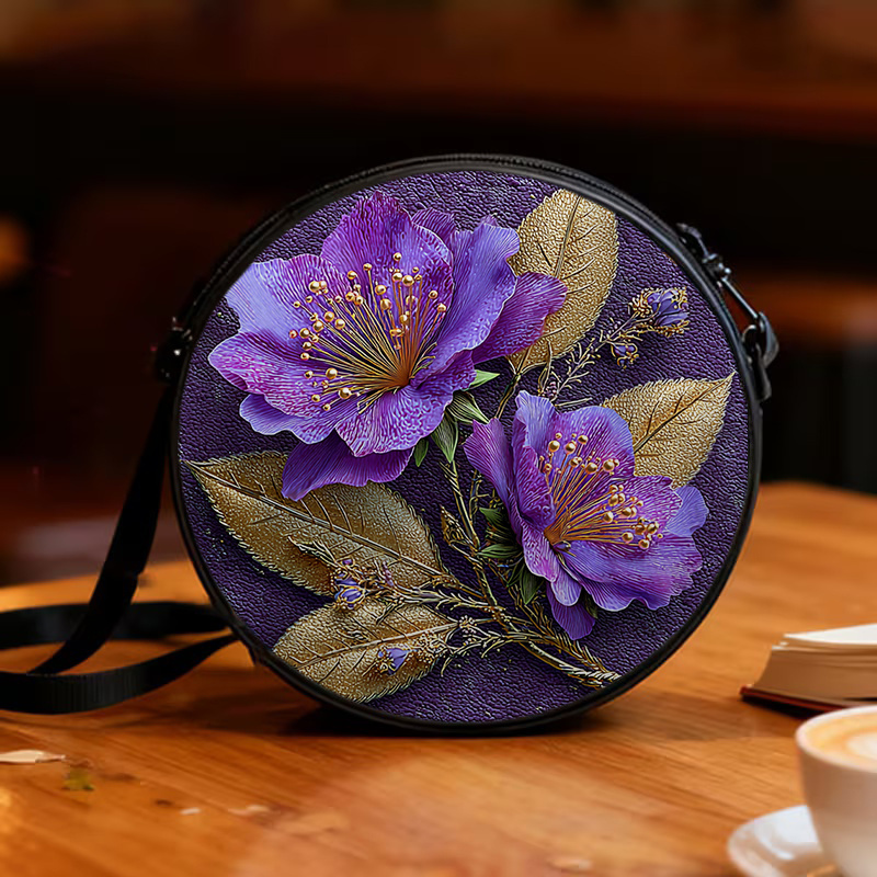 TEMU 1pc Purple Floral Themed Design With Printed Pattern Style 2d Printing Women's Shoulder Bag, Adjustable Shoulder Strap, Zipper Seal, Casual And