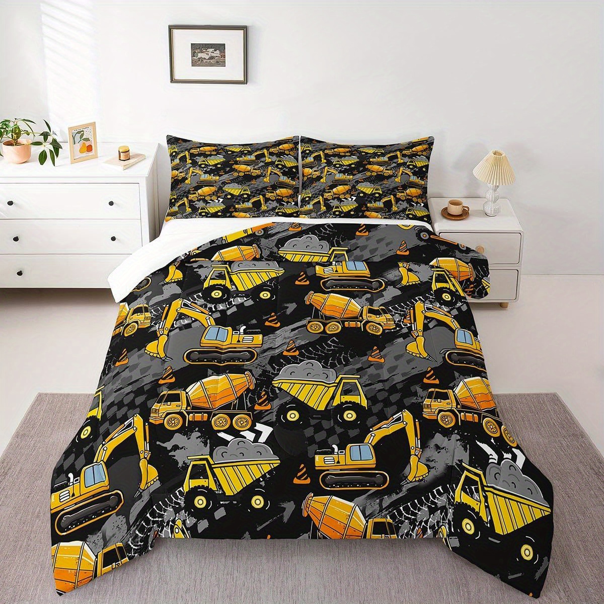TEMU 2pcs Cartoon Comforter Twin Size Excavator Transporter Truck Bedding Set For Women Men Adults Decoration Comforter 2pcs With 1 Pillowcase Soft