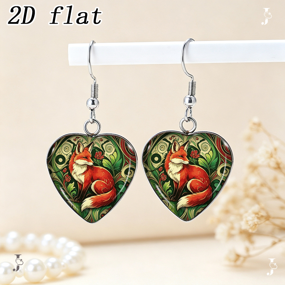 Forest Red Fox Pattern Heart-Shaped Earrings