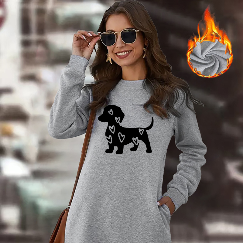 

1pc Women's Casual Crew Neck Long Sleeve Dress With Dachshund Print And Heart Pattern, 100% Polyester Knit Fabric, Texture, Fall/winter Sweatshirt Dress With