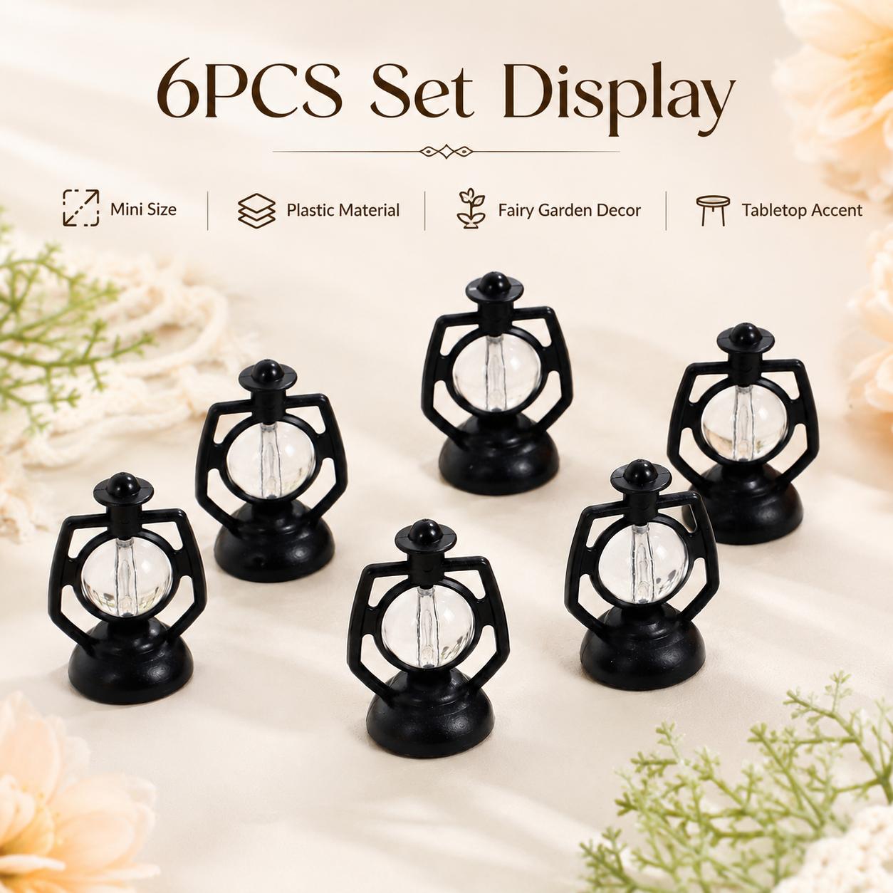 TEMU 6pcs Vintage Black Mini Lantern Ornaments, Small Plastic Kerosene Lamp Miniature Decor, Vintage Miniature Landscape, Suitable For Fairy Gardens,