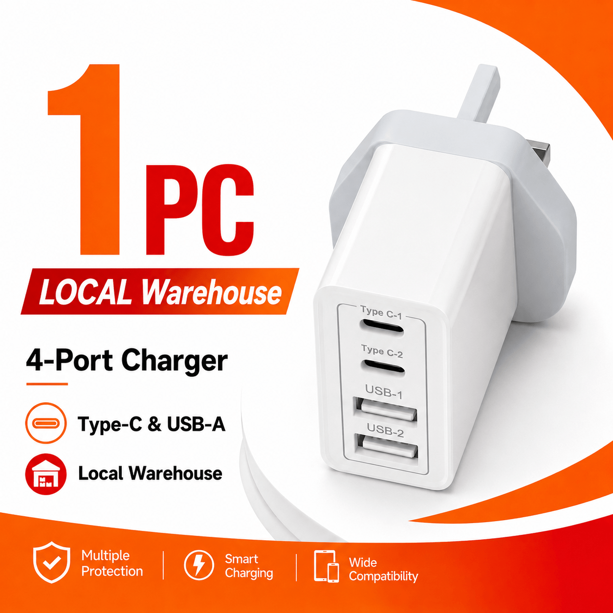 TEMU 4-port Wall Charger, 40w Uk Plug, 4*10w, Dual Usb-c & Dual Usb-a 2.1a Charging Adapter For Multiple Devices, For Family, For Office, For Phone