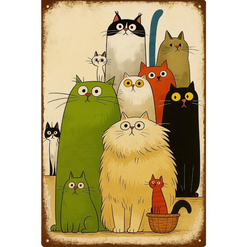 TEMU 2d Flat - 【2d Flat】 1pc Metal Wall Art Iron Sign Cute Cat Family Vintage Style 2d Flat Not 3d For Room Bedroom Bar Garage Wall Decor