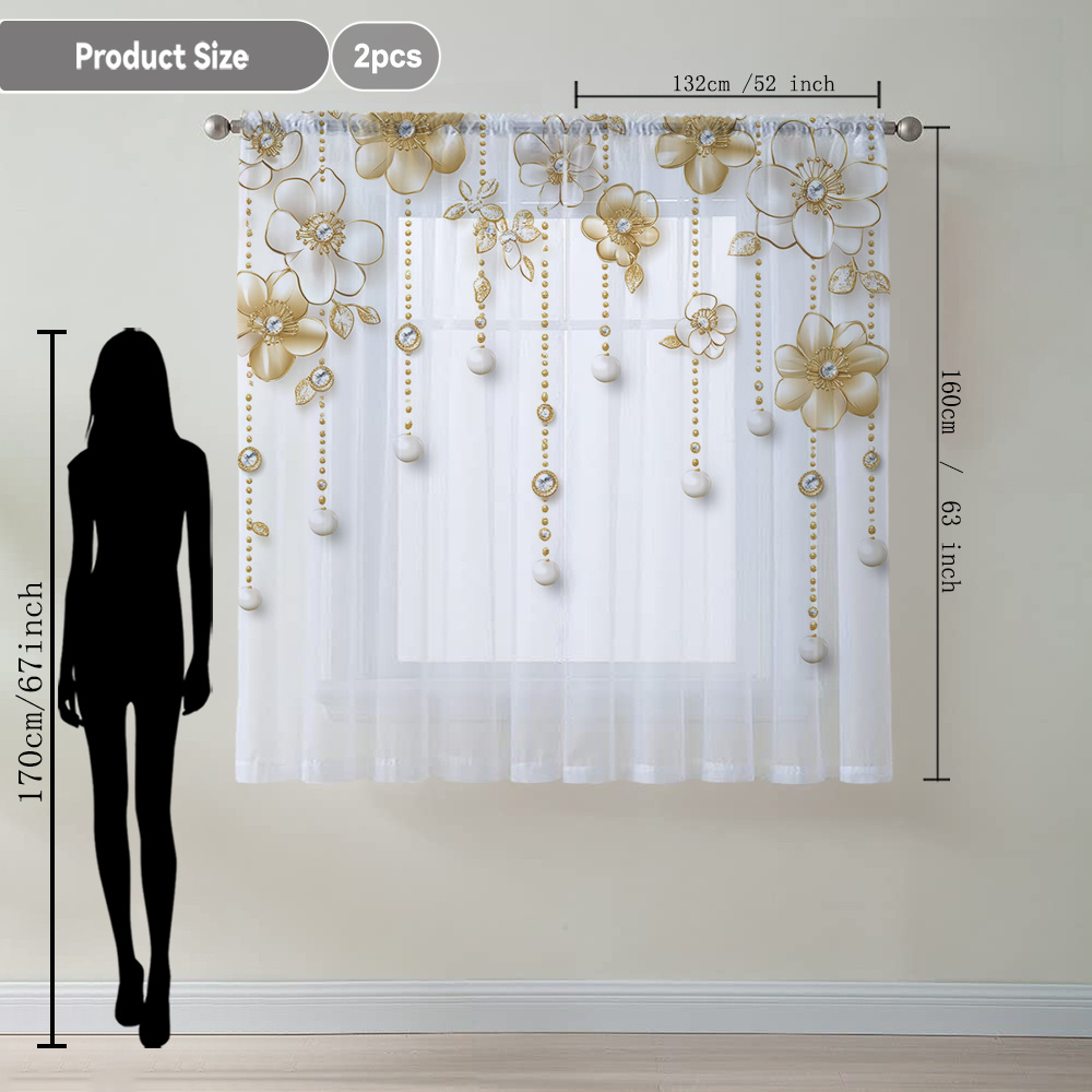 TEMU 2pcs Luxurious Floral Bead Embellished European Style Printed Home Decor Sheer Curtains, Modern Artistic Style Flowing Window Scarf, Sheer