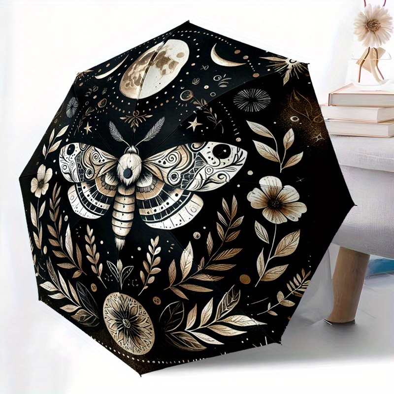 1pc Moon Moth Plant Automatic Folding Umbrella: A Compact 8-rib Design Ideal For Daily Outdoor Use, Making It A Perfect Gift For Y216
