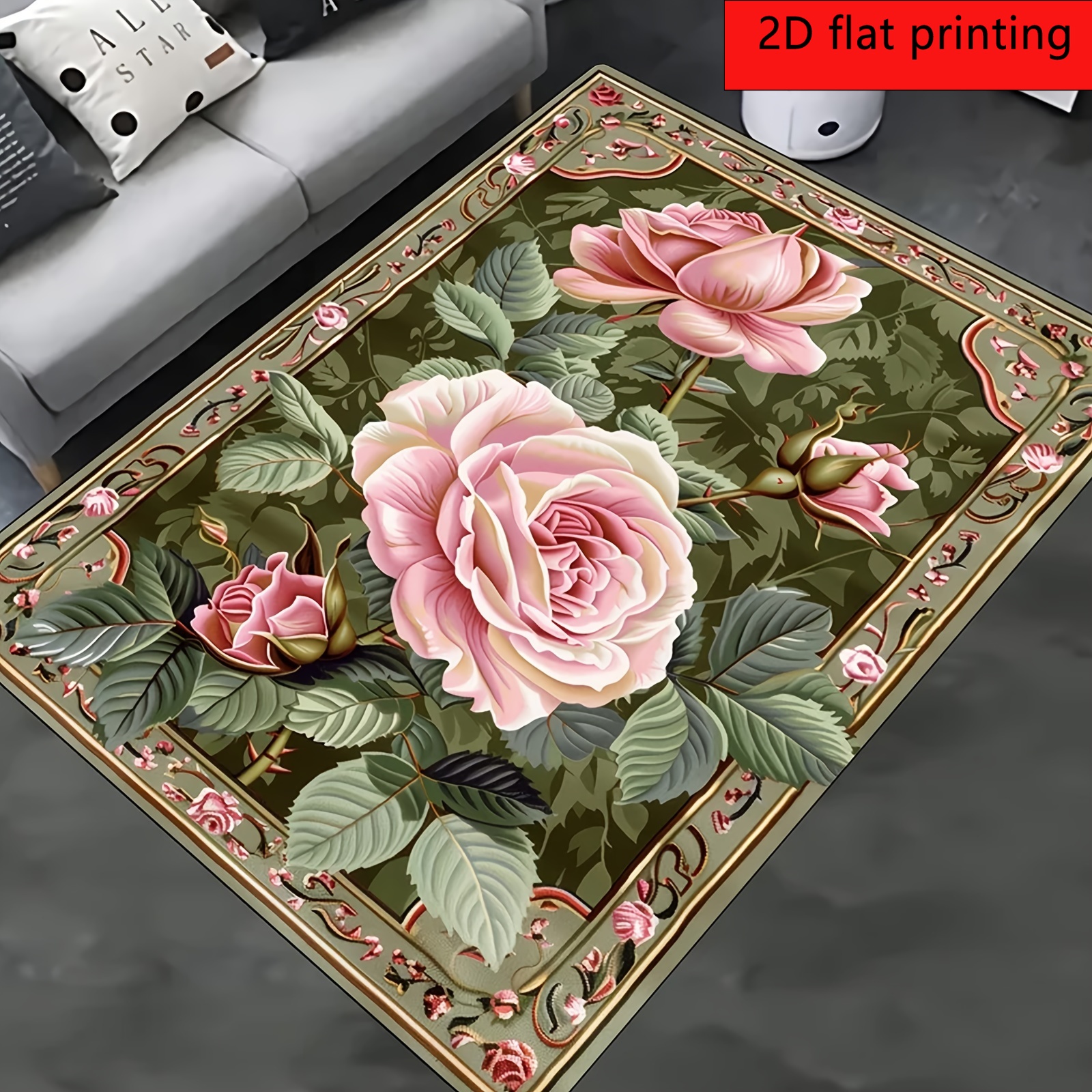 TEMU 2d Flat Printing, 1pc, Retro Rose Theme, Pink Rose Pattern, Single-sided European Floral Print, Suitable For Living Room, Bedroom Bedside, Home