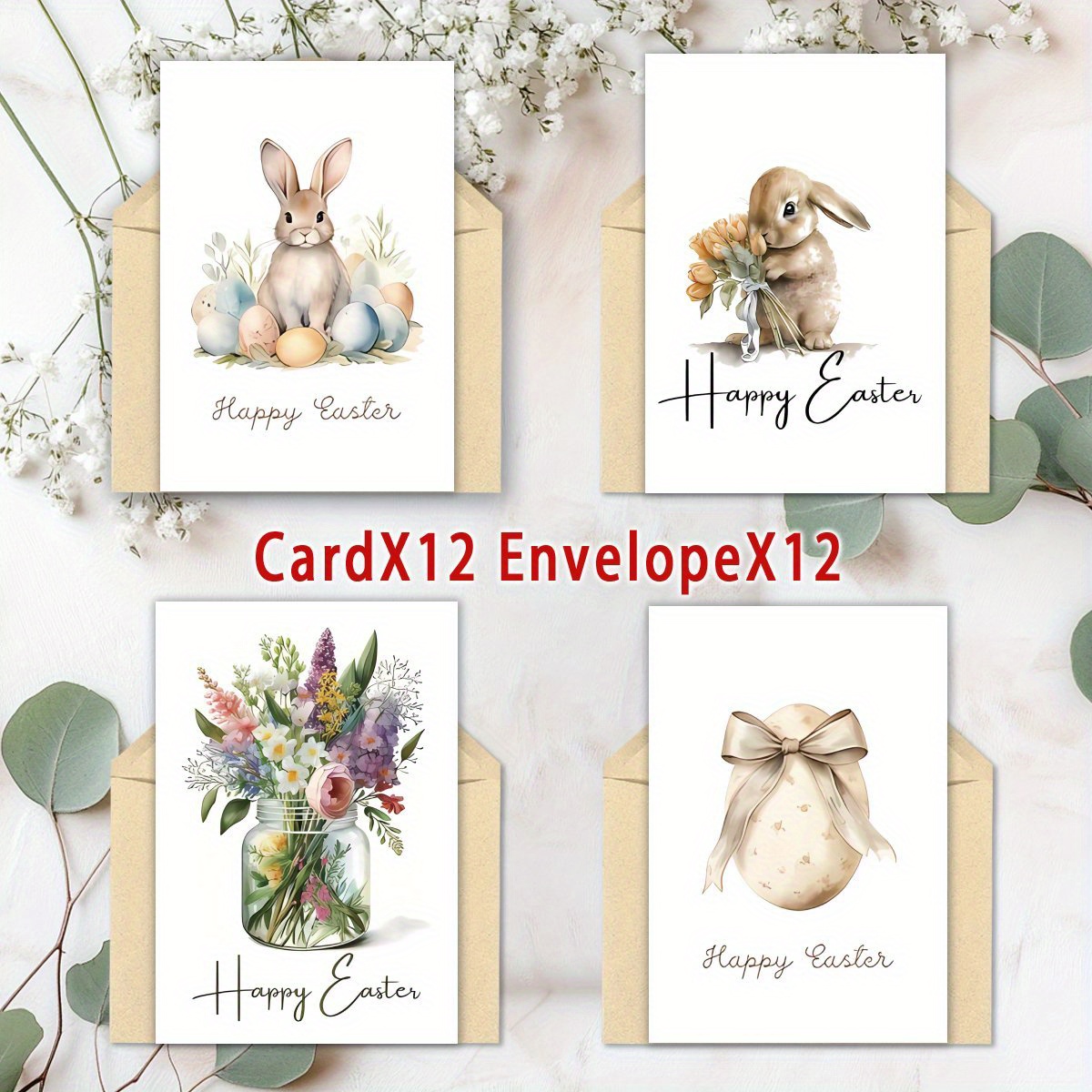 

24pcs(12 Envelopes + 12 Cards) Simple Floral Easter Bunny Easter Egg Card Multiple Blank Greeting Cards For Easter Gifts