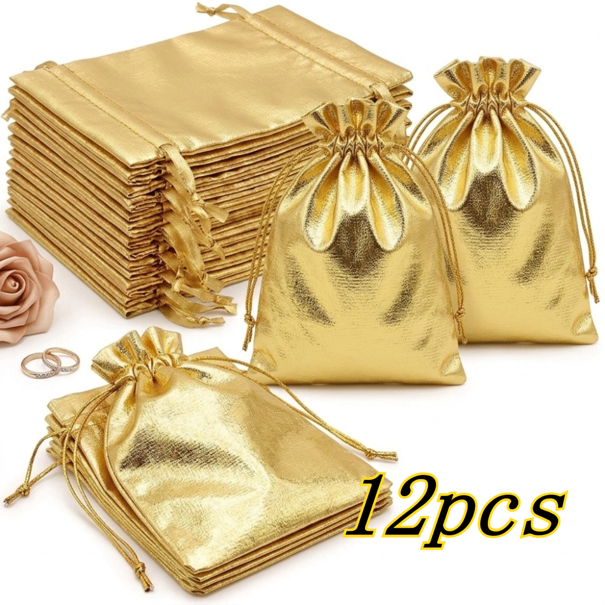 TEMU Gift For Her/him Gift Of 12pcs Golden Organza Drawstring Bags For Her/him - Suitable For Weddings, Parties, Christmas Candy Bags, Can Hold