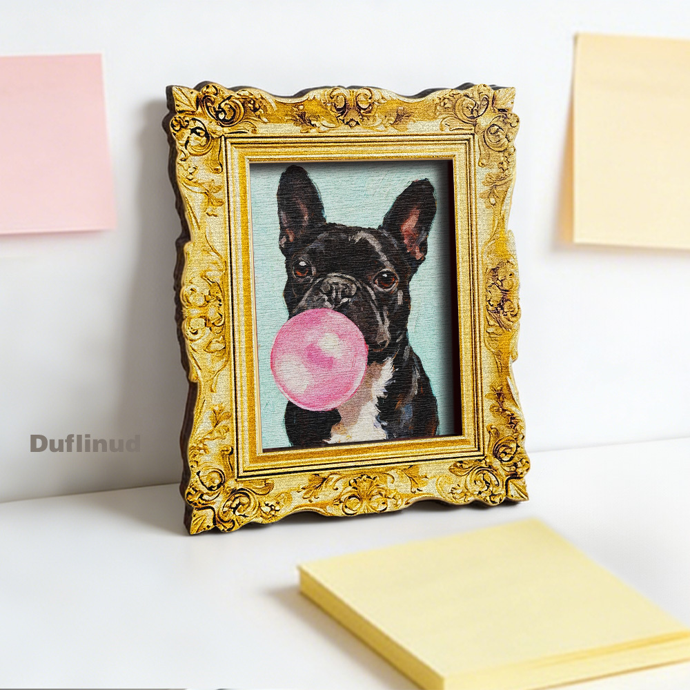 TEMU 1pc Wooden Adorable French Bulldog Blowing Bubble Gum Fridge Magnet, Pocket Painting, Miniature Decorative Art. Cute French Bulldog Blowing Gum,