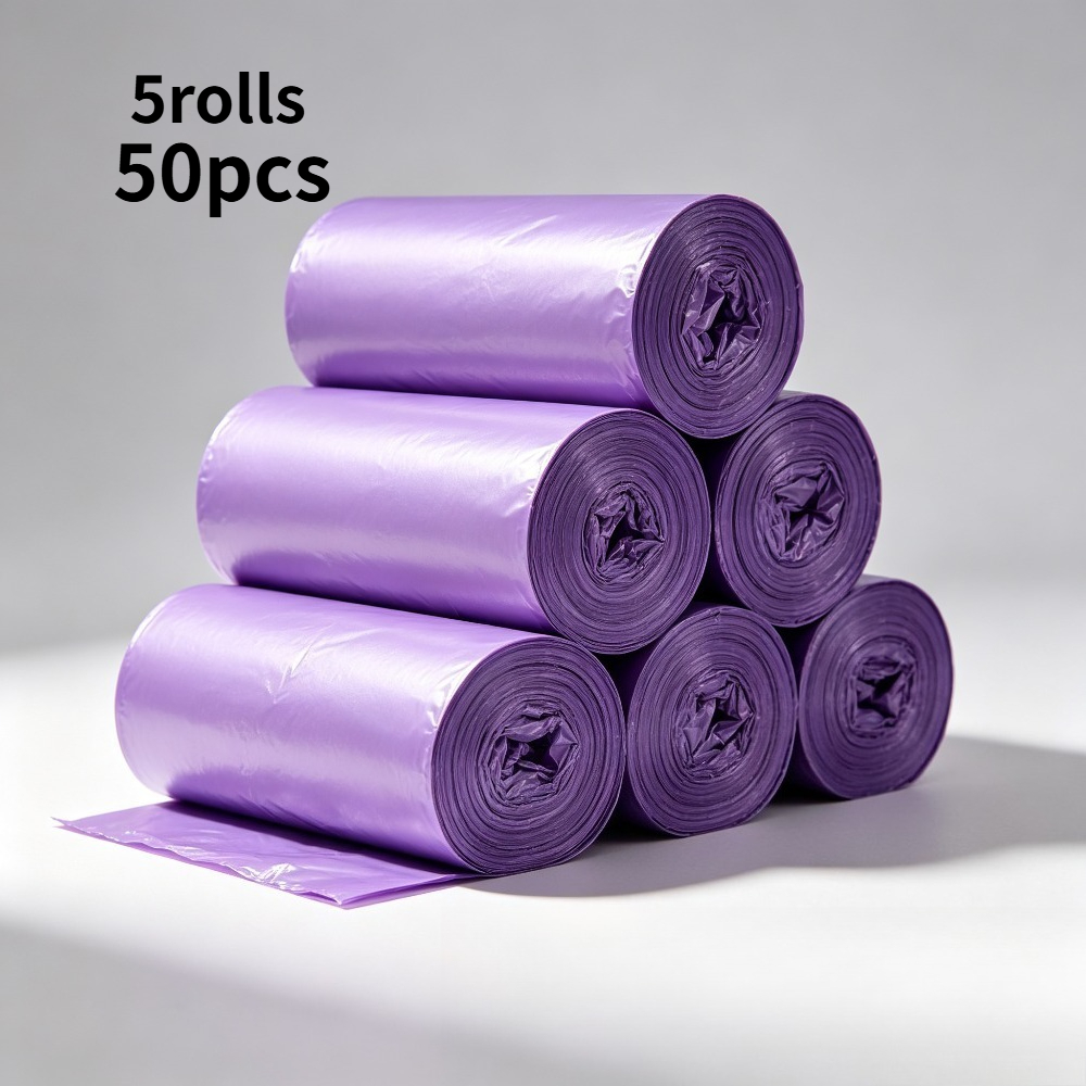 TEMU 5-roll Pack Of 50 Purple Portable Trash Bags - Suitable For Such As Bathrooms, Outdoors, Kitchens, Restaurants, And Hotels - Easy- - Cleaner And
