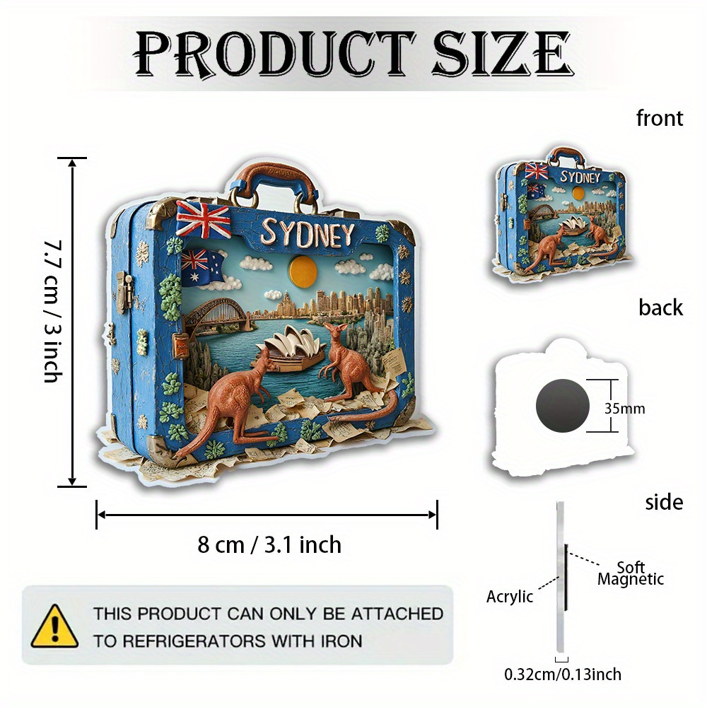 TEMU 1pc Australian-themed Sydney Magnetic Fridge Sticker - Vintage Suitcase-shaped With Opera House And Kangaroo Pattern, Acrylic Fridge Magnet