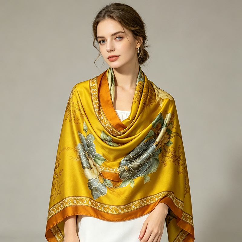 100 silk large shawl silk satin style shawl watercolor for lotus pattern lightweight and breathable womens scarf suitable for   and vacation use as a large shawl