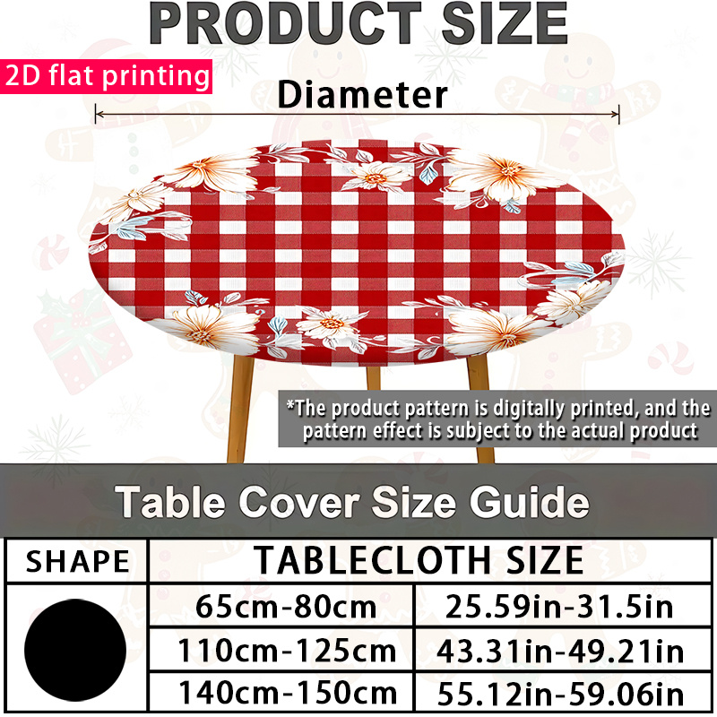 TEMU 1pc, 2d Flat, Red And White Checkered Floral Print Elastic Round Tablecloth - Fresh & Elegant For Dining Tables. Suitable For Kitchen