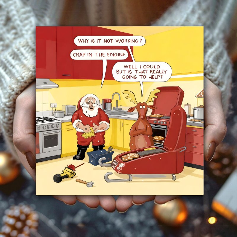 TEMU 1pc Funny Mechanic Santa & Reindeer Christmas Card With Car Trouble - Naughty List Humorous Greeting Card For Adults, Durable Cardstock For Mail