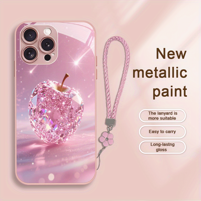 TEMU Phone Case: Aesthetic Diamond Powder New Lanyard Set Tempered Glass Phone Case For Iphone 16/15/14/13/12, Iphone 16/15/14/13/, Iphone