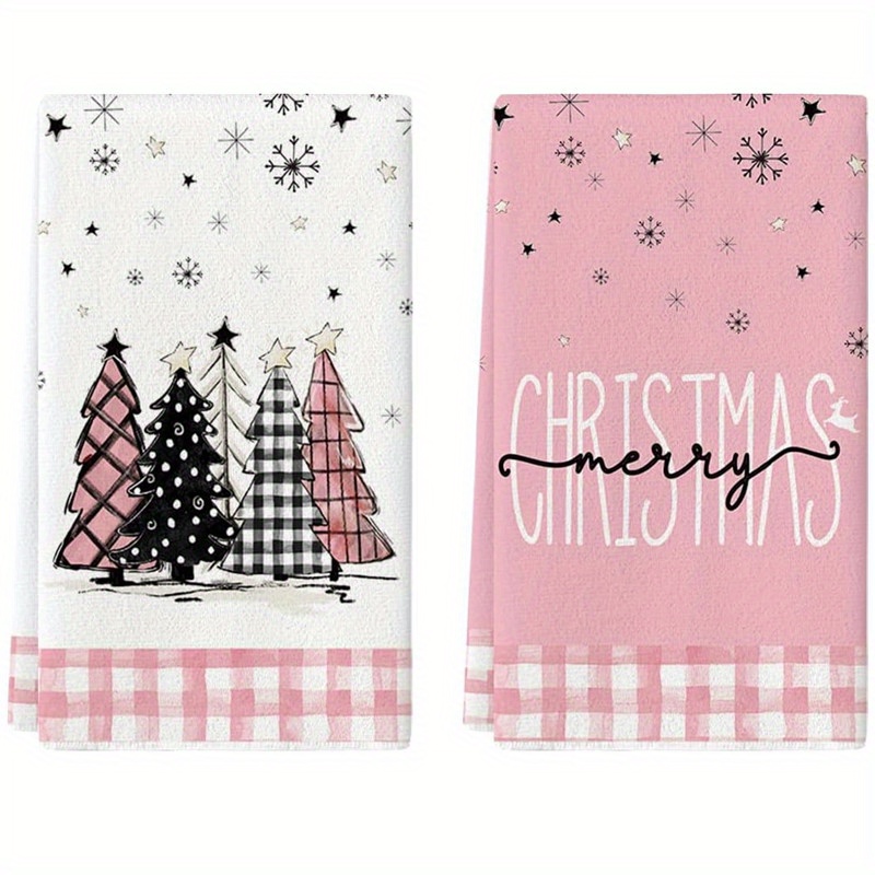 TEMU Set Of 2 Christmas Pink Dish Towels, Xmas Tree Merry Christmas Kitchen Towels Dish Towels, Winter Snowflakes Decoration Hand Towels