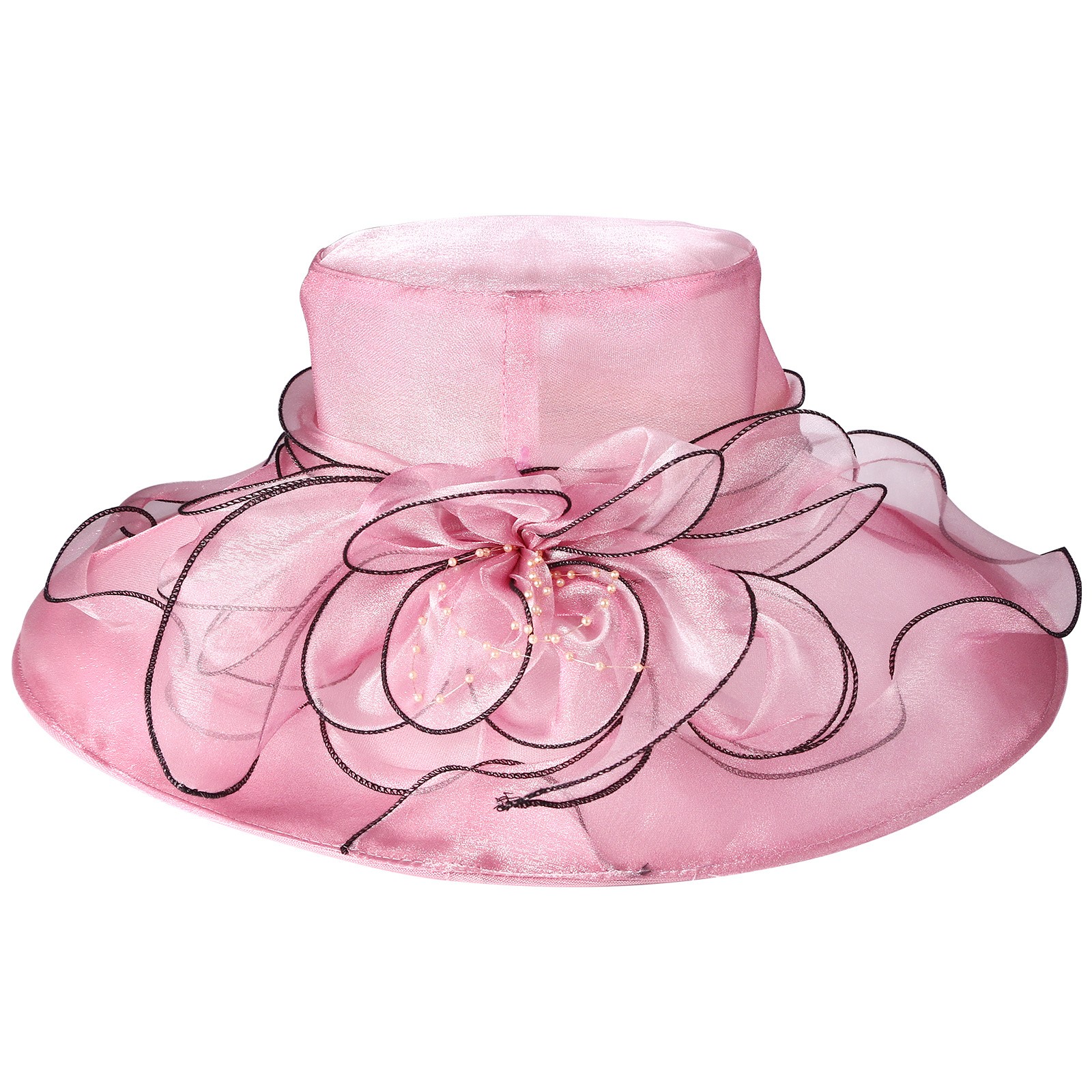 Image of Elegant Women's Organza Fascinator Hat, Wide Brim Tea Party Dress Hat, Sophisticated Formal Wedding Guest Headwear For Garden Parties & Church