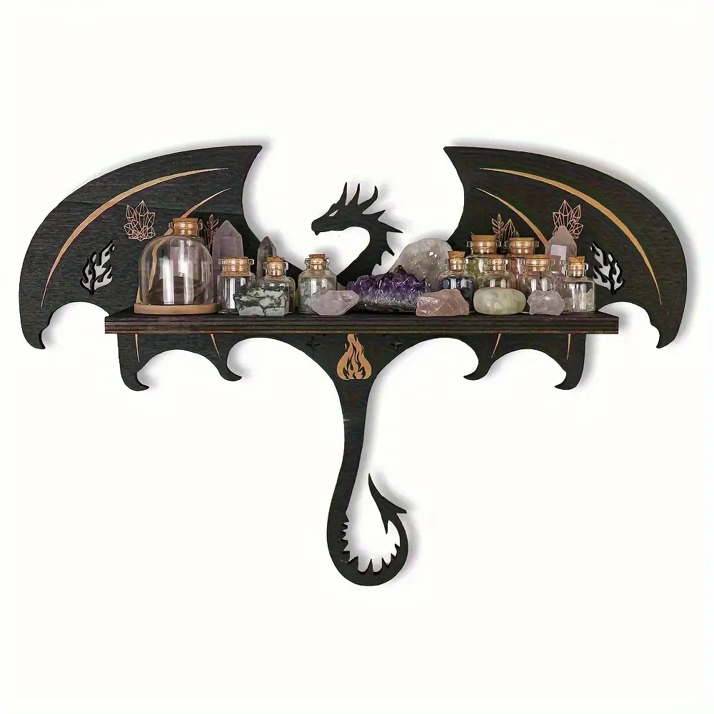 TEMU 1pc 2d Flat Printed Wooden Black Dragon Floating Vintage Gothic Style Wall Shelf, Suitable For Halloween, Christmas Holiday Bedroom And Gothic